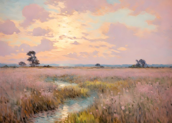 Pastoral Landscape Painting at Sunset
