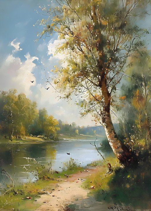 Serene Riverside Landscape Painting