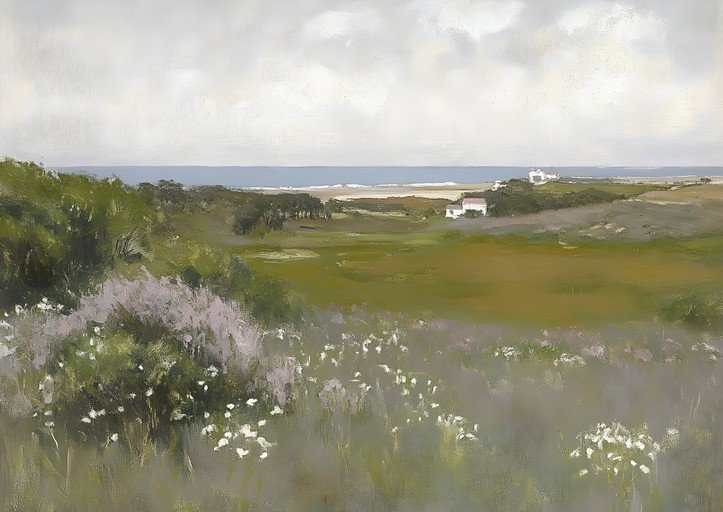Impressionist Landscape Painting of Coastal Homes and Fields