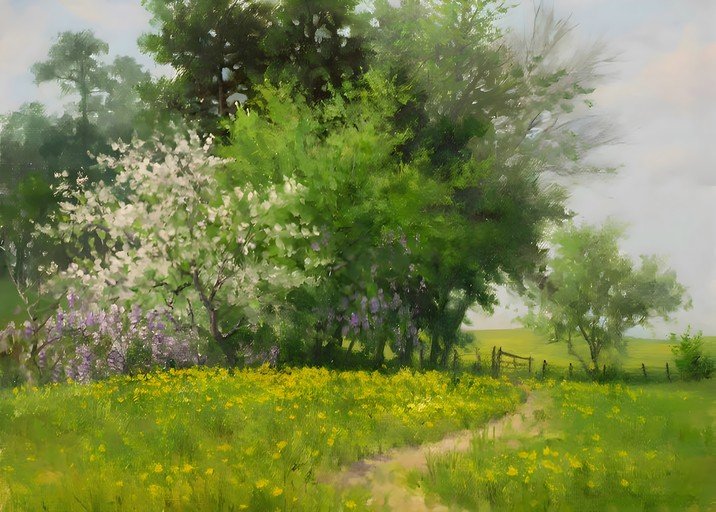 Impressionist Spring Meadow with Blooming Trees