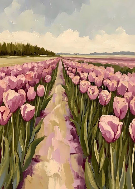 Impressionist Pink Tulip Field Painting