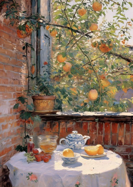 Sunlit Balcony Still Life with Oranges and Tea