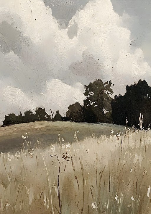 Impressionist Landscape Painting of Grassy Field and Clouds