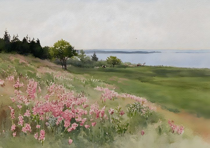 Watercolor Landscape of a Flowery Hillside by the Sea