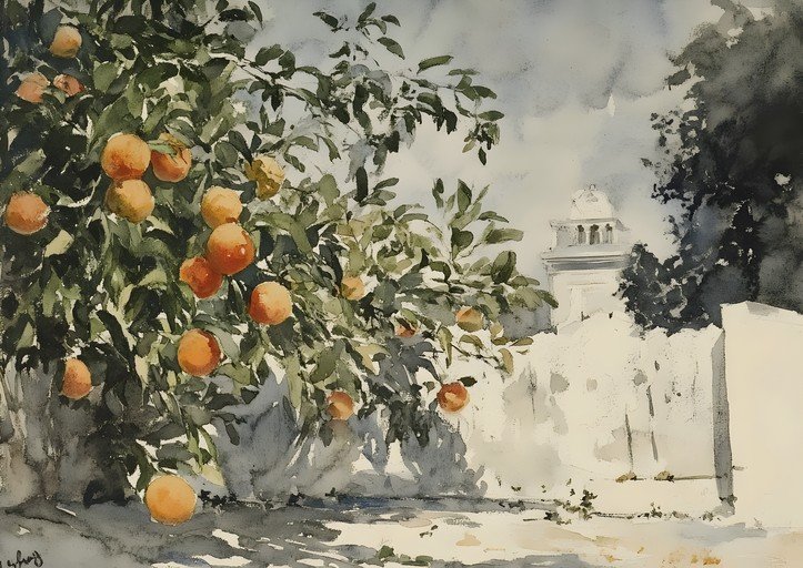 Watercolor of Oranges on a Tree with a Building