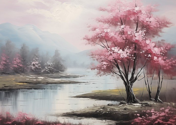 Serene Cherry Blossom Landscape Painting