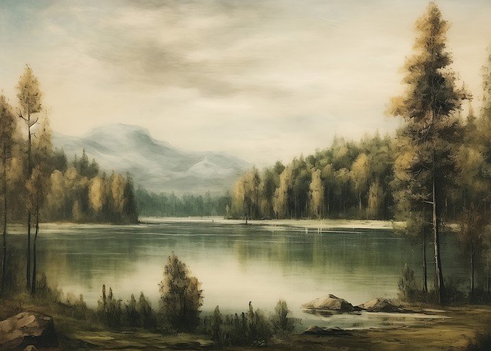 Serene Lake Landscape with Autumn Forest and Mountains