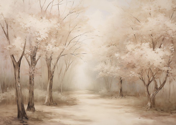 Misty Forest Path with Bare Trees
