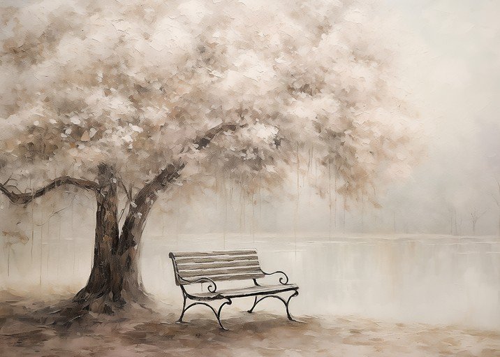 Serene Park Bench Under a Blossoming Tree