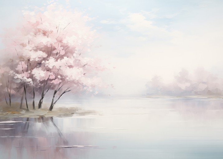 Serene Cherry Blossom Landscape Painting