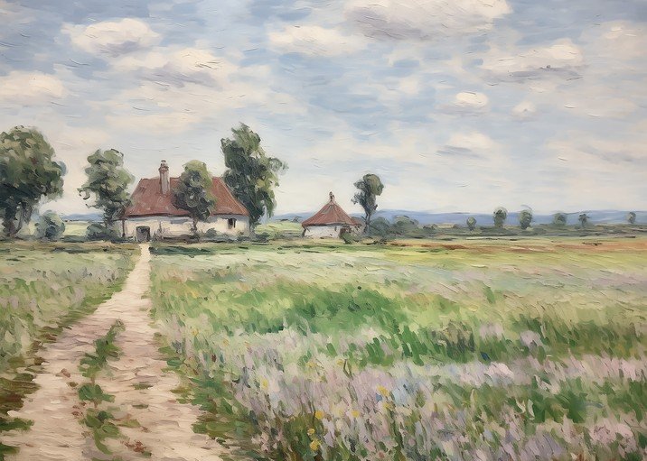 Impressionist Landscape Painting of a Farmhouse and Field