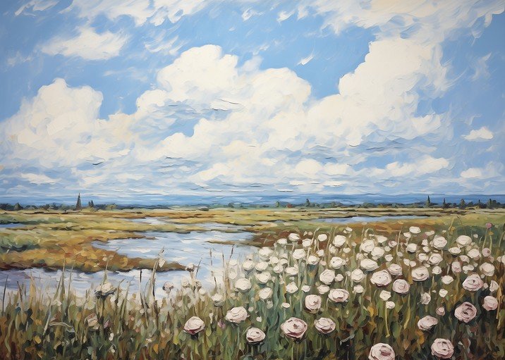 Impressionist Landscape Painting of a Marsh with Wildflowers