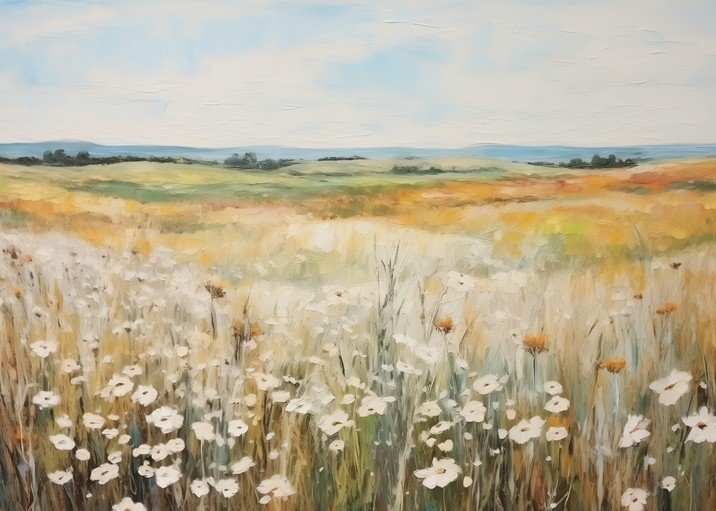Impressionist Field of Wildflowers Under a Cloudy Sky
