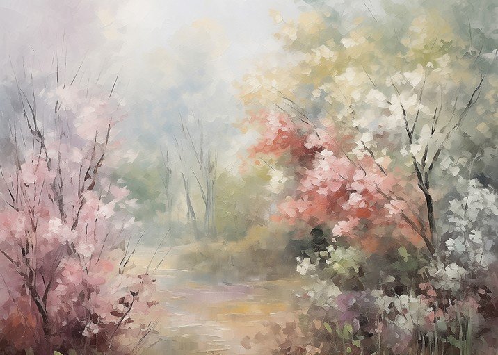 Impressionist Landscape Painting of a Serene Forest Stream