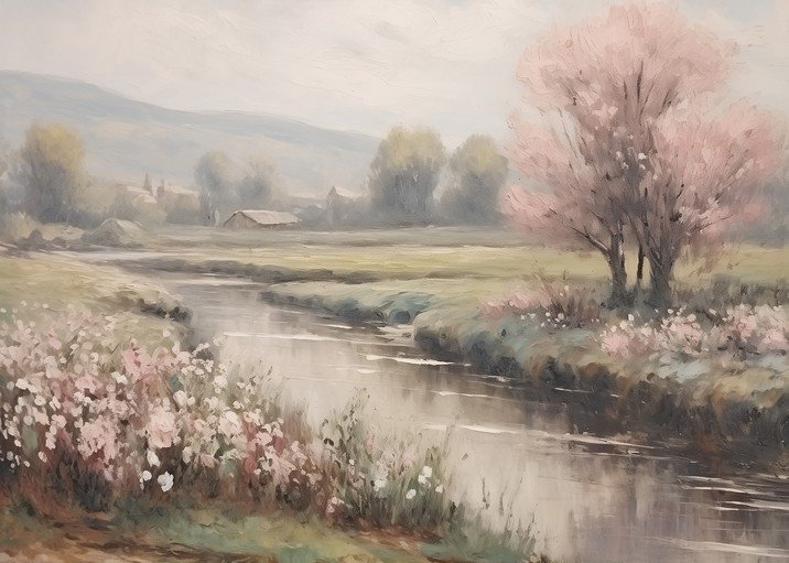 Pastoral Landscape Painting with River and Cherry Blossoms