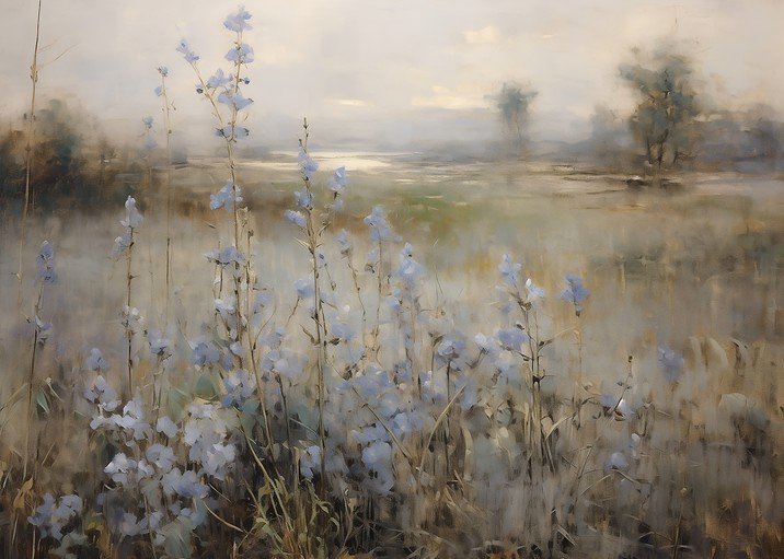 Misty Meadow with Blue Wildflowers