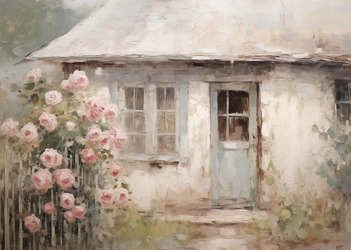 Impressionist Painting of a Cottage with Pink Roses