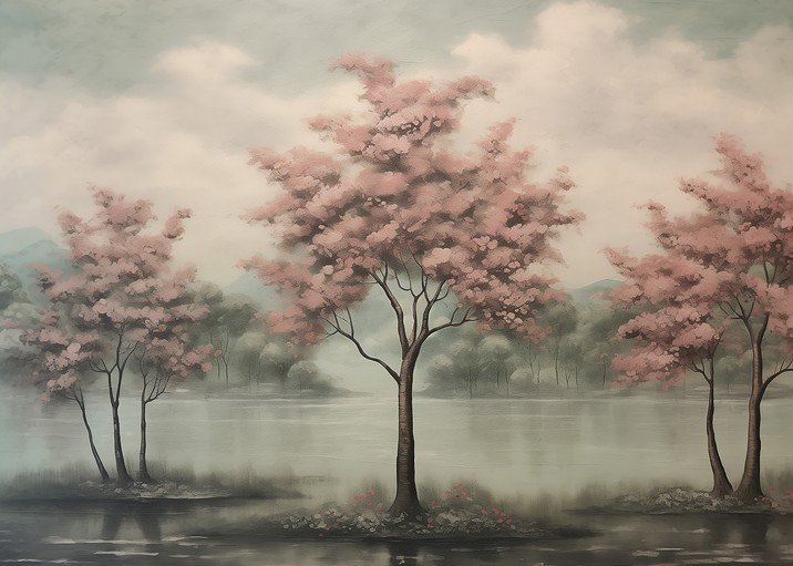 Serene Cherry Blossom Landscape Painting