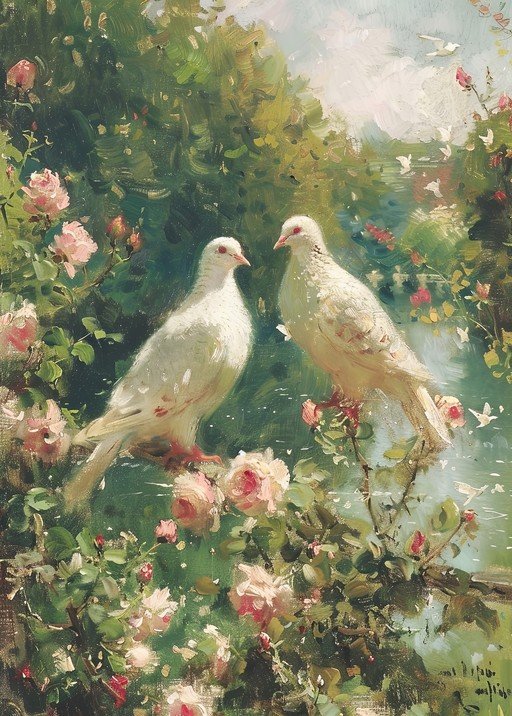 Two Doves in a Rose Garden