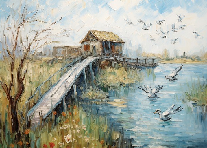 Impressionist Painting of a Rustic Cabin and Seagulls by the Water
