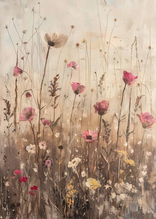 Impressionistic Floral Painting with Pink and White Flowers