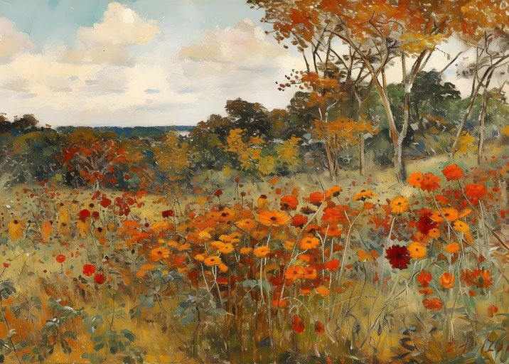 Autumn Meadow with Orange and Red Flowers