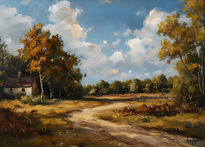 Autumn Landscape Painting with Rustic Cottage and Winding Path