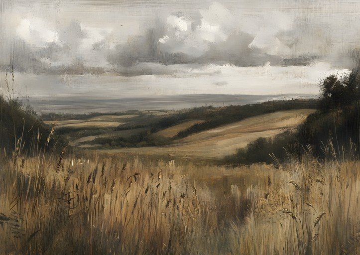 Impressionistic Landscape Painting of Rolling Hills and Wheat Field