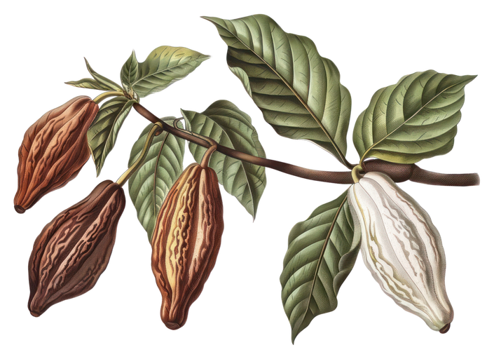 Cocoa Pods and Leaves Botanical Illustration
