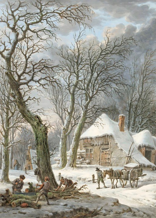 Winter Scene: Woodcutters and Horse-Drawn Cart by Snowy Cottage