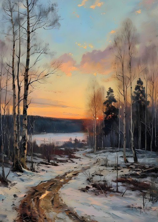 Winter Sunset Over Snowy Forest Path