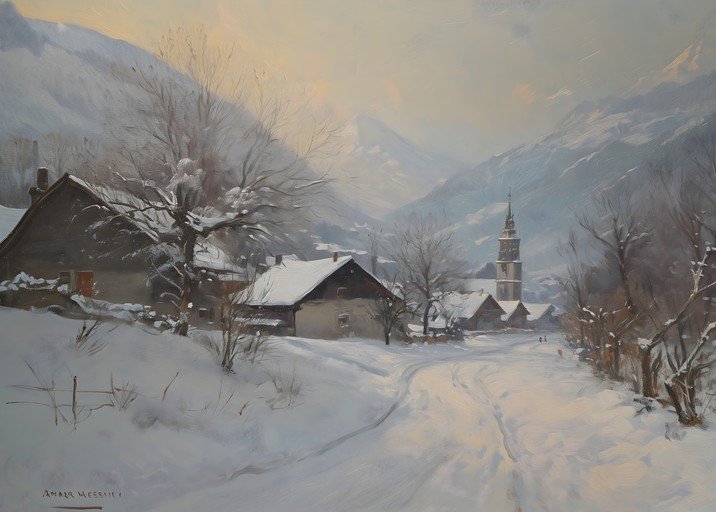 Alpine Village in Winter Snow