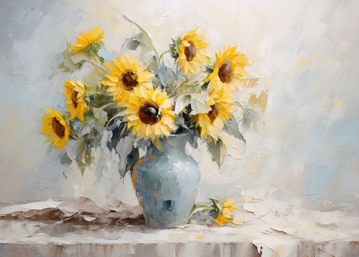 Impressionist Sunflowers in a Blue Vase