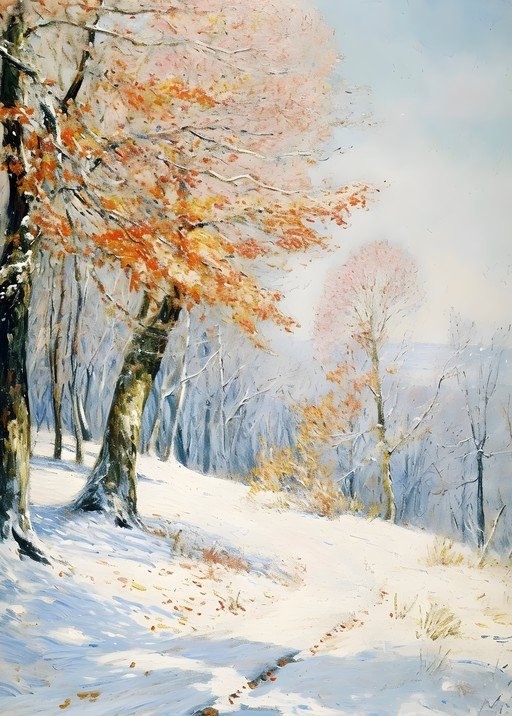 Snowy Forest Path with Autumn Leaves