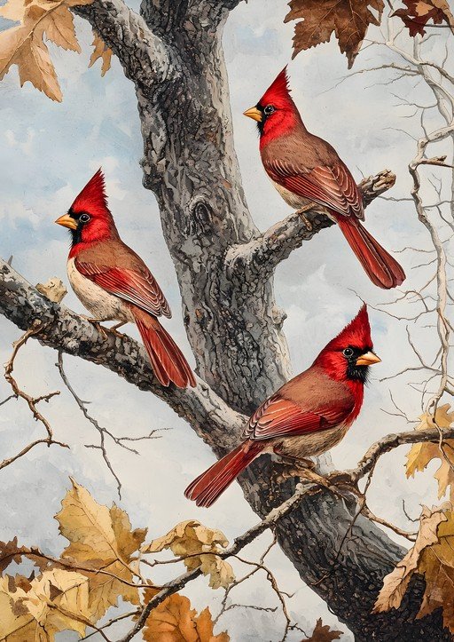 Three Cardinals Perched on a Tree Branch