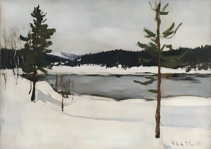 Winter Landscape with Lake and Trees
