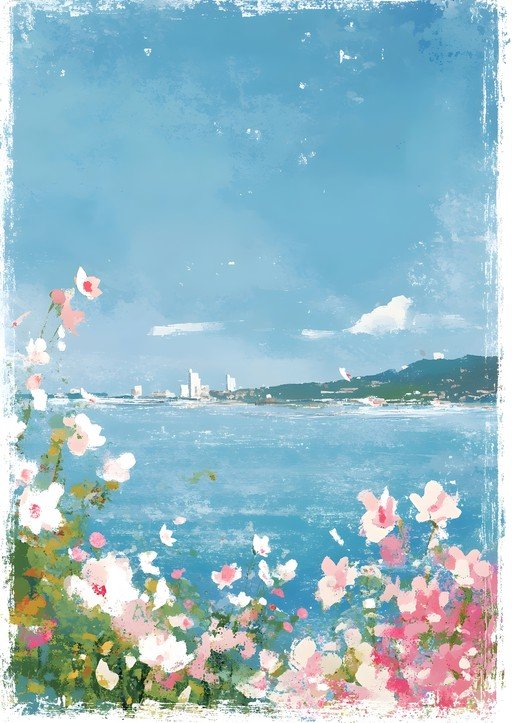 Serene Coastal Landscape with Blooming Flowers