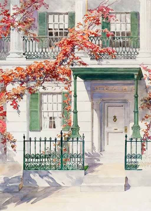 Autumnal Facade with Red Foliage and Green Shutters