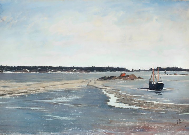 Seascape Painting of a Sailboat and Coastal Landscape