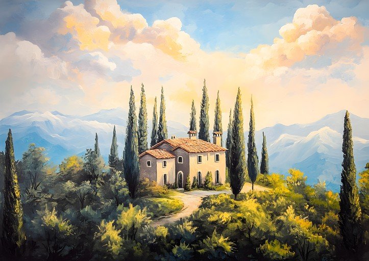 Tuscan Villa Amidst Cypress Trees and Rolling Hills