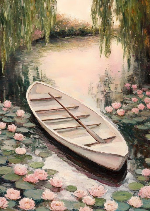 Serene Rowboat Amidst Water Lilies and Weeping Willows
