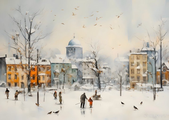 Winter Scene in a European Town Square