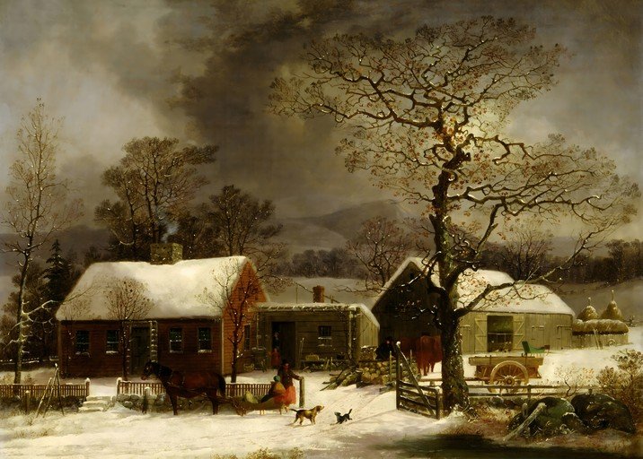 Winter Farm Scene with Horse-Drawn Sleigh