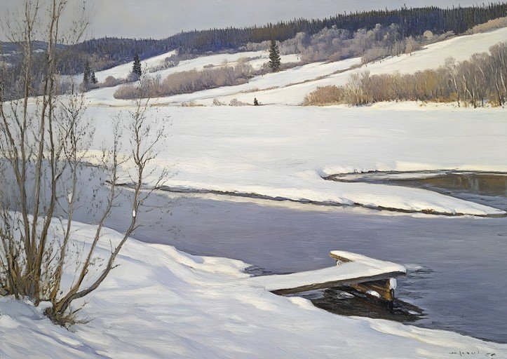 Winter River Landscape with Snow-Covered Banks and Dock