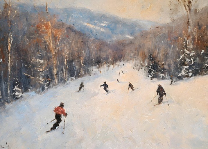 Impressionist Ski Slope Scene with Skier in Red