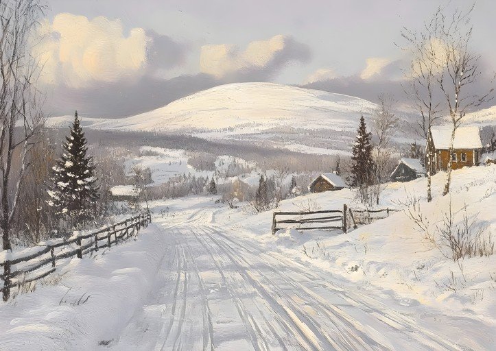 Winter Landscape with Snowy Road and Cottages
