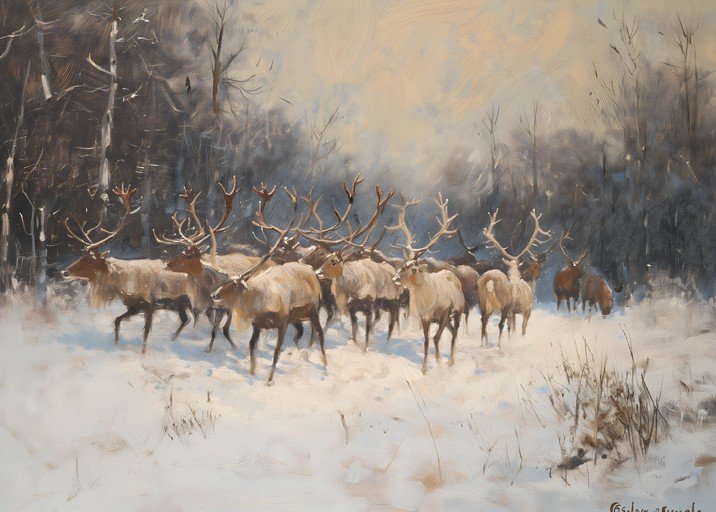 Herd of Elk in Snowy Forest