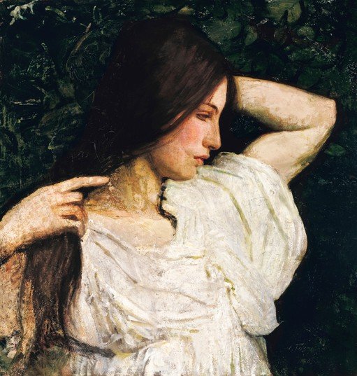 Woman with Long Hair in White Dress