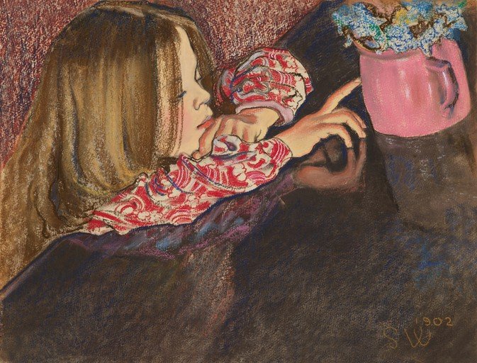 Girl in Red Dress Gazing at Flowers in Pink Pitcher