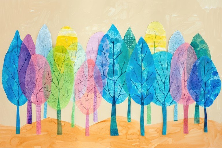Whimsical Forest of Colorful, Textured Trees